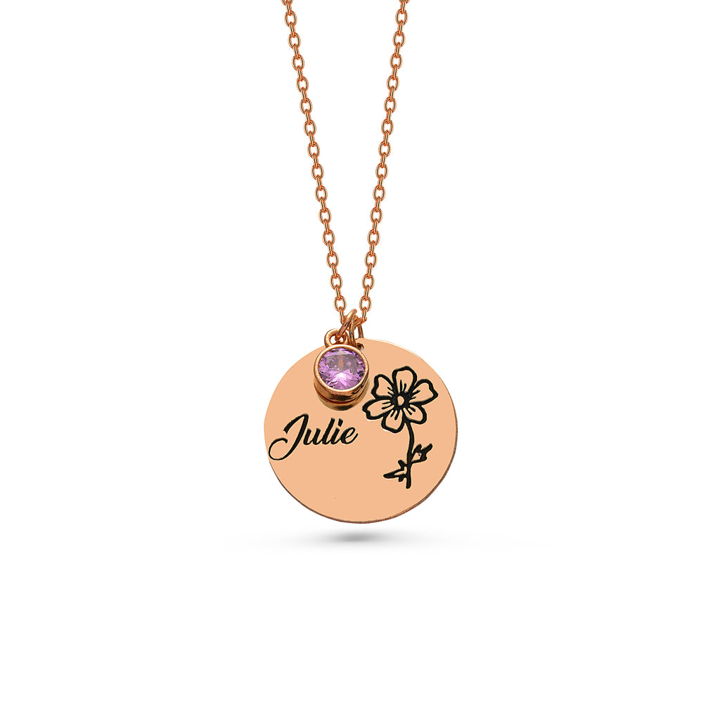 Personalized birth flower name necklace with birth month pendant, made to order