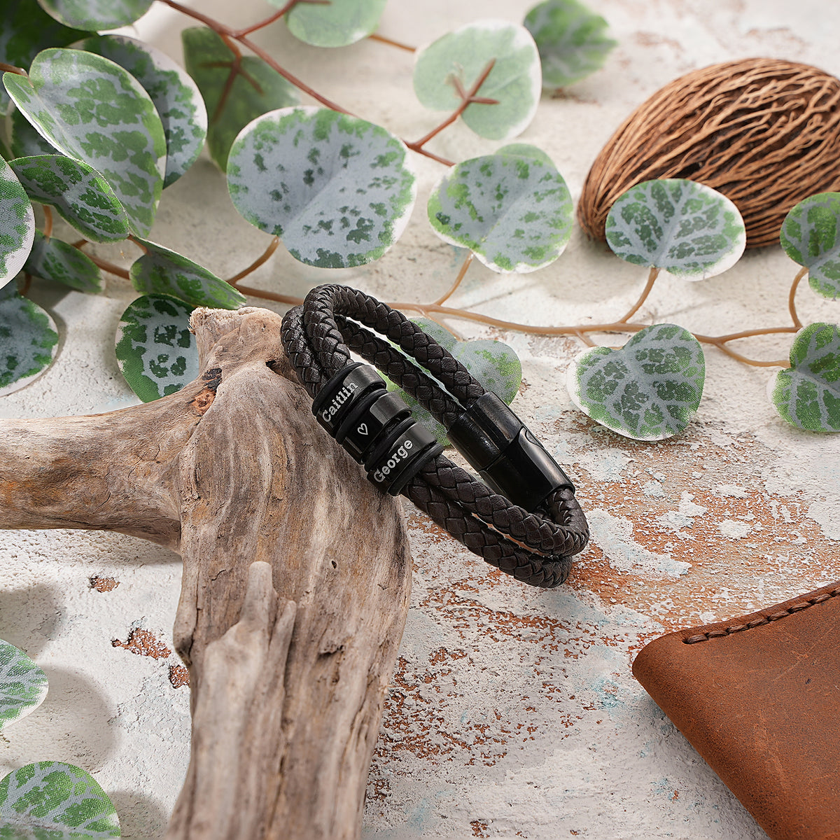 6mm double-strand men's leather bracelet with engraved beads, handmade by Artizian