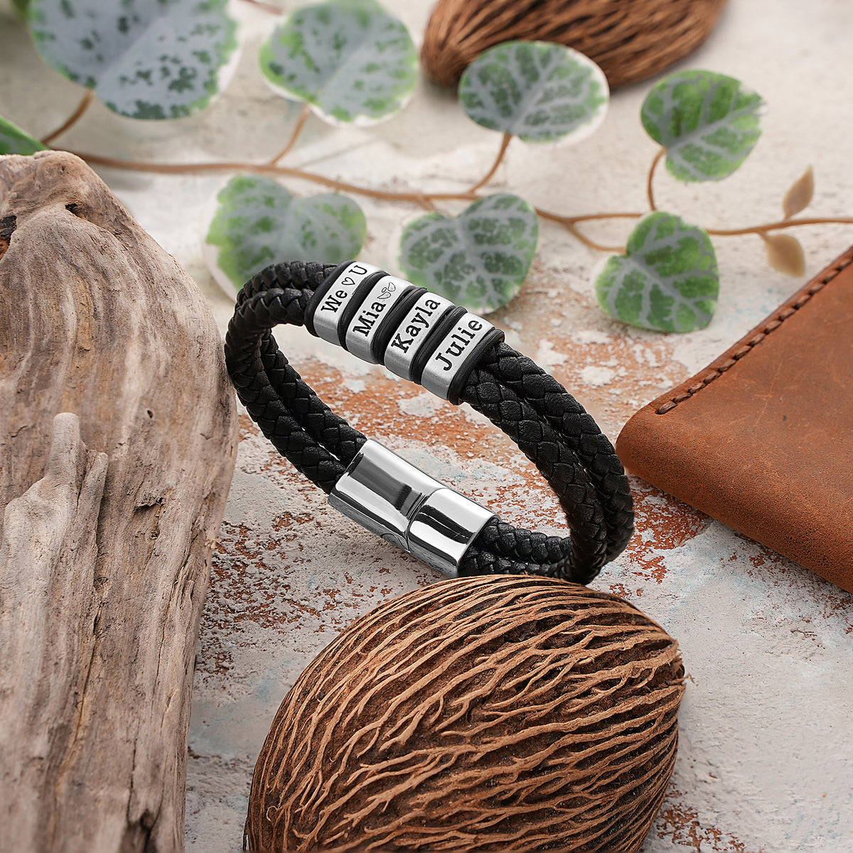 6mm double-strand men's leather bracelet with engraved beads, made to order