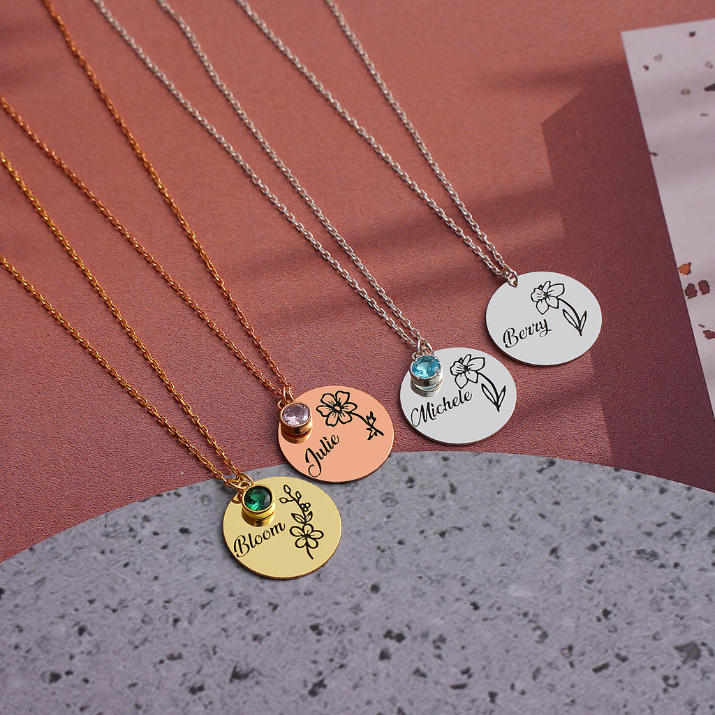 Personalized birth flower name necklace with birth month pendant, made to order