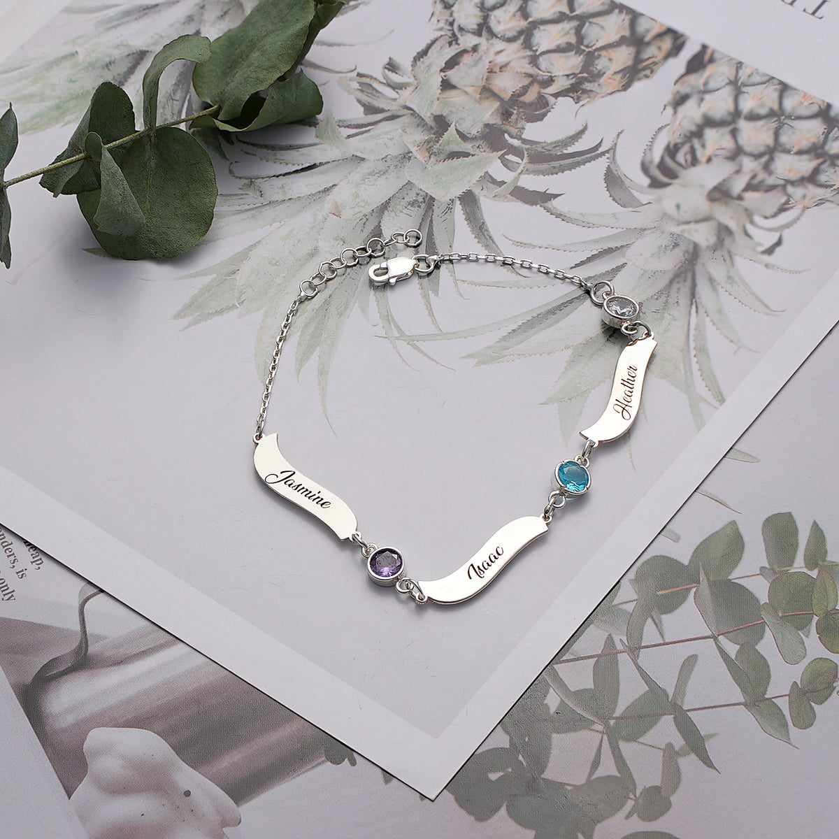Wavy charm name bracelet with birthstone, crafted in the Artizian studio