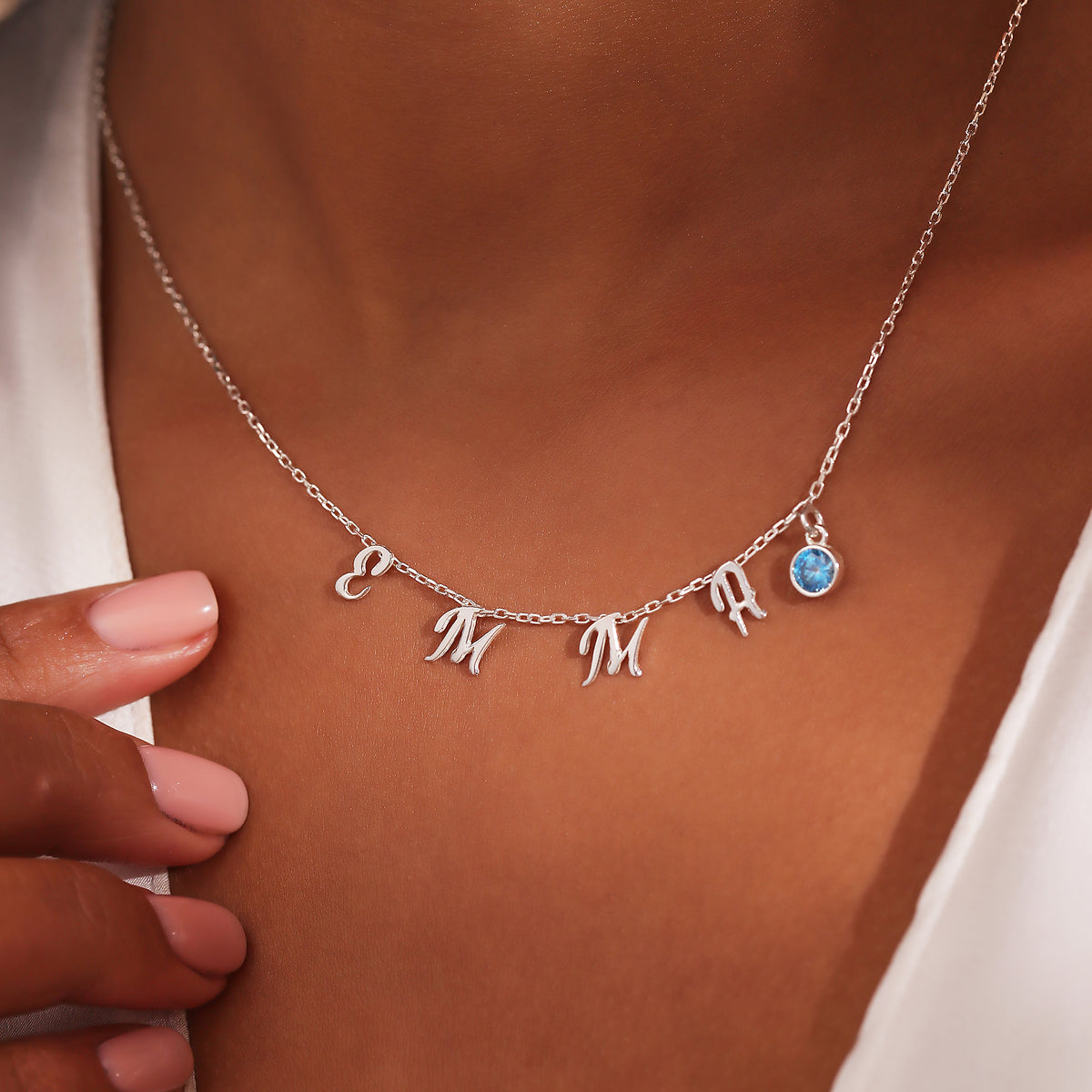Birthstone letter initial necklace in 925 sterling silver, handmade by Artizian