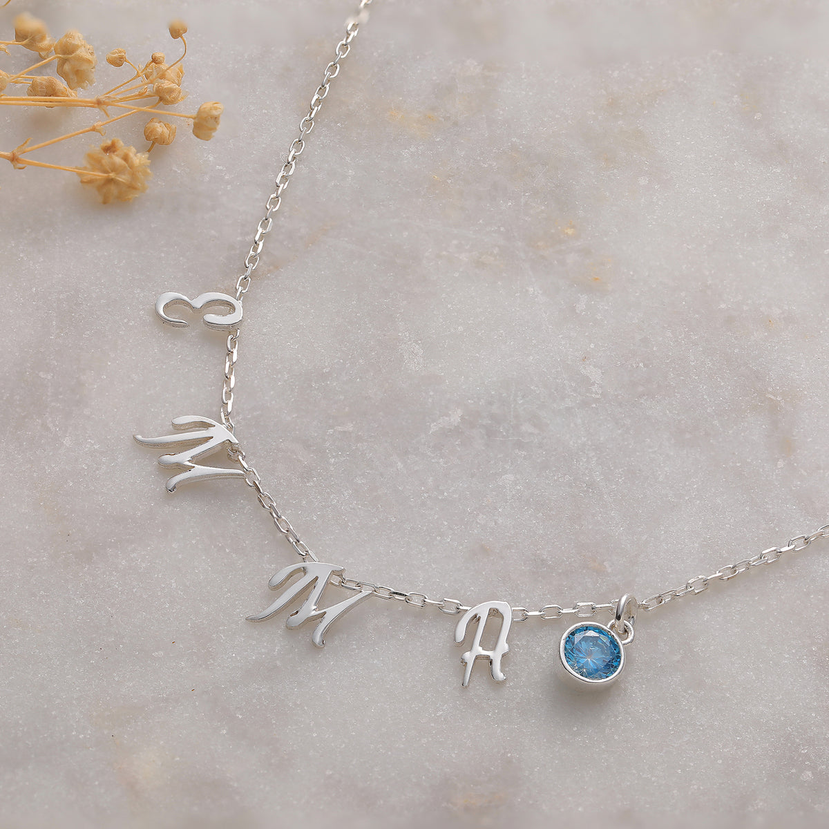 Birthstone letter initial necklace in 925 sterling silver, Artizian handmade jewelry since 1999