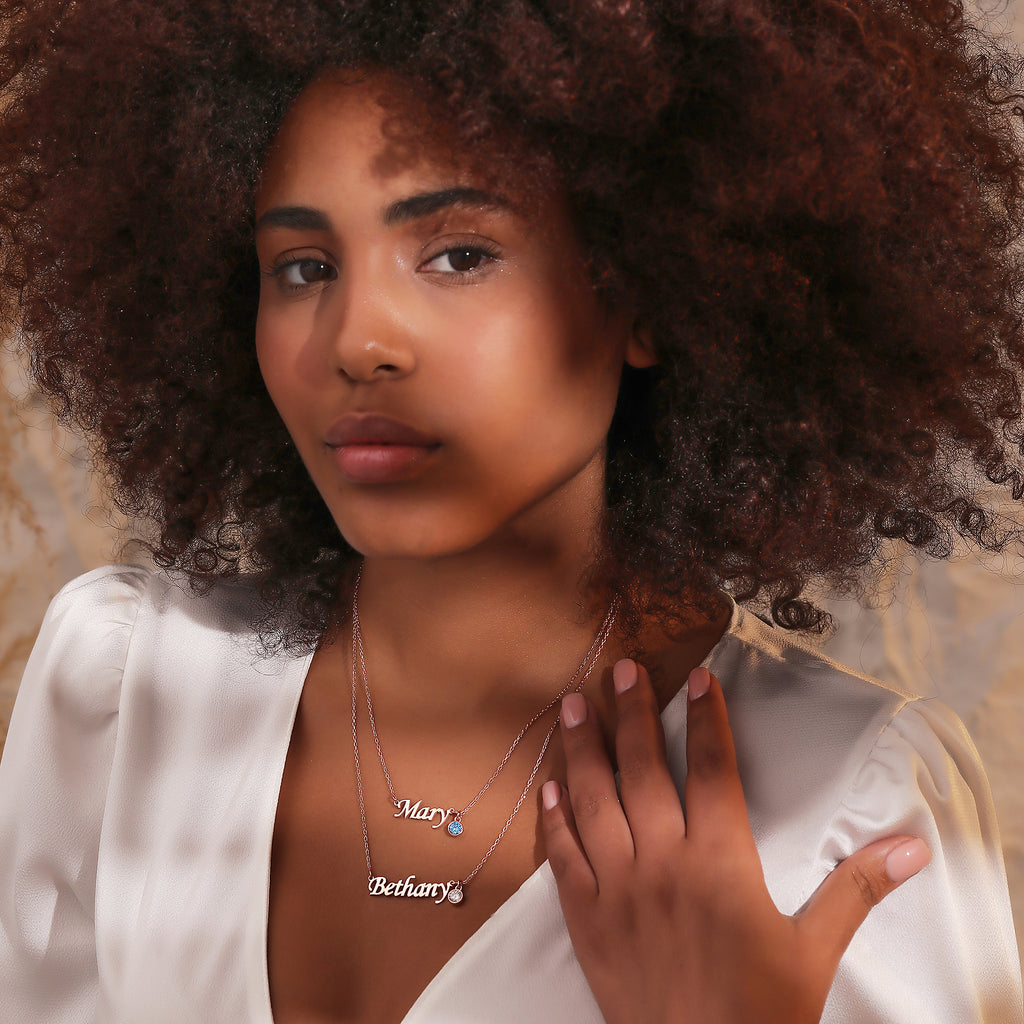 Script name necklace with birthstone, crafted in the Artizian studio