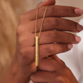 Personalized 4-sided engraved vertical bar necklace, handmade by Artizian