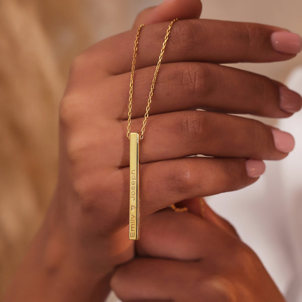 Vertical Bar Necklace, Personalized 4-Sided Engravable Pendant, Gift for Her