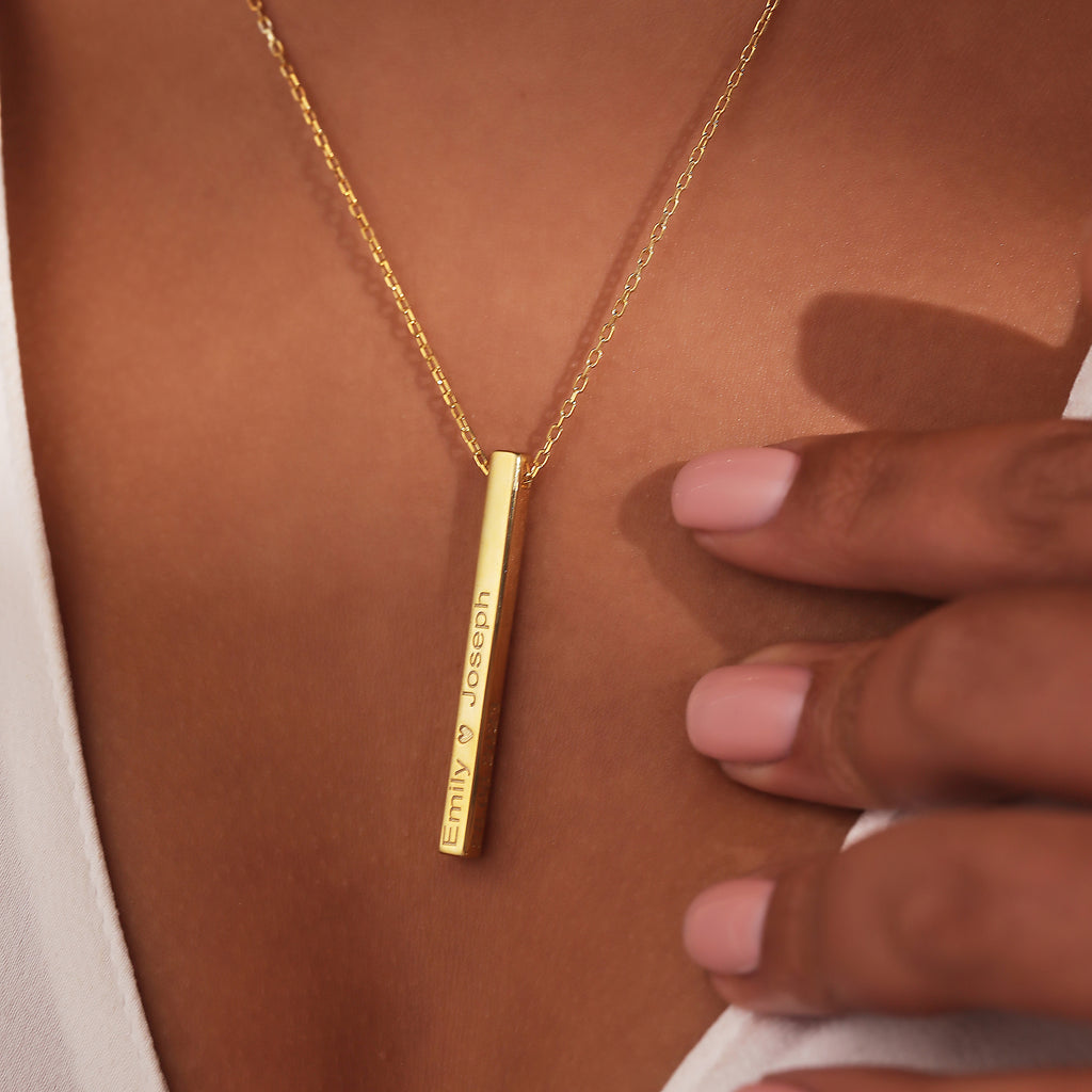 Personalized 4-sided engraved vertical bar necklace, made to order