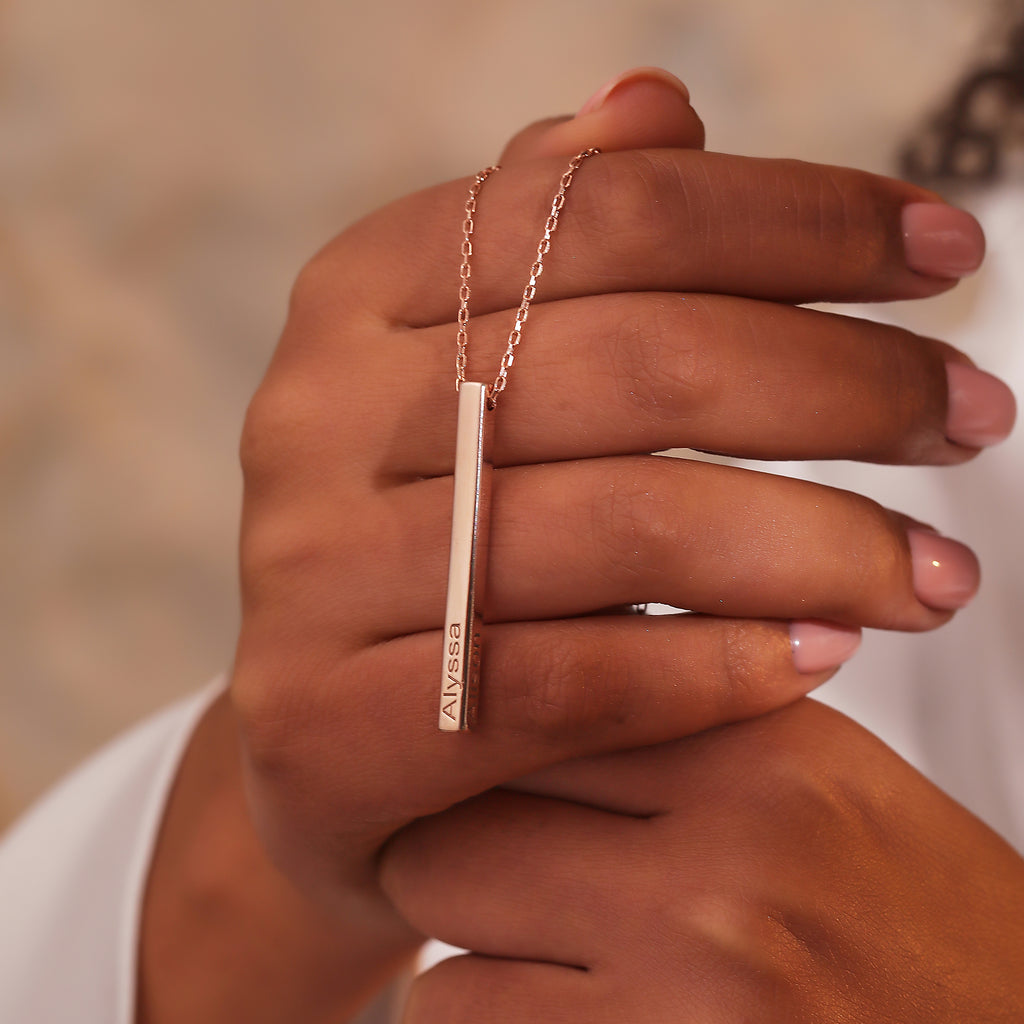 Personalized 4-sided engraved vertical bar necklace, crafted in the Artizian studio