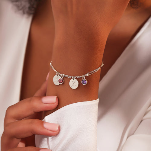 Custom birthstone bracelet with initials, handmade by Artizian