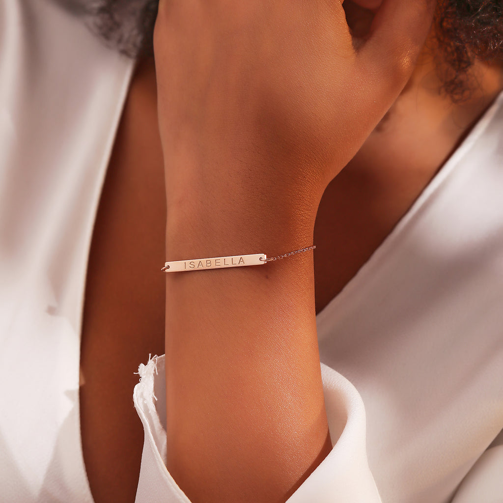 Women's name plate bracelet with engraved plate, a personalized jewelry gift