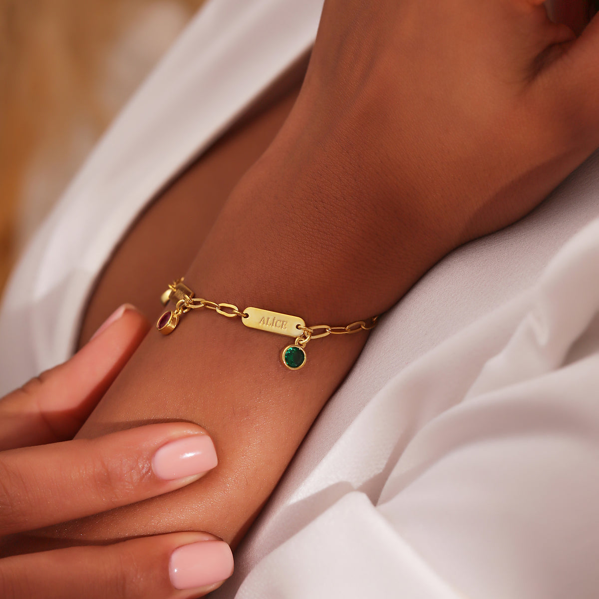 Paperclip chain bracelet with birthstone charms, crafted in the Artizian studio