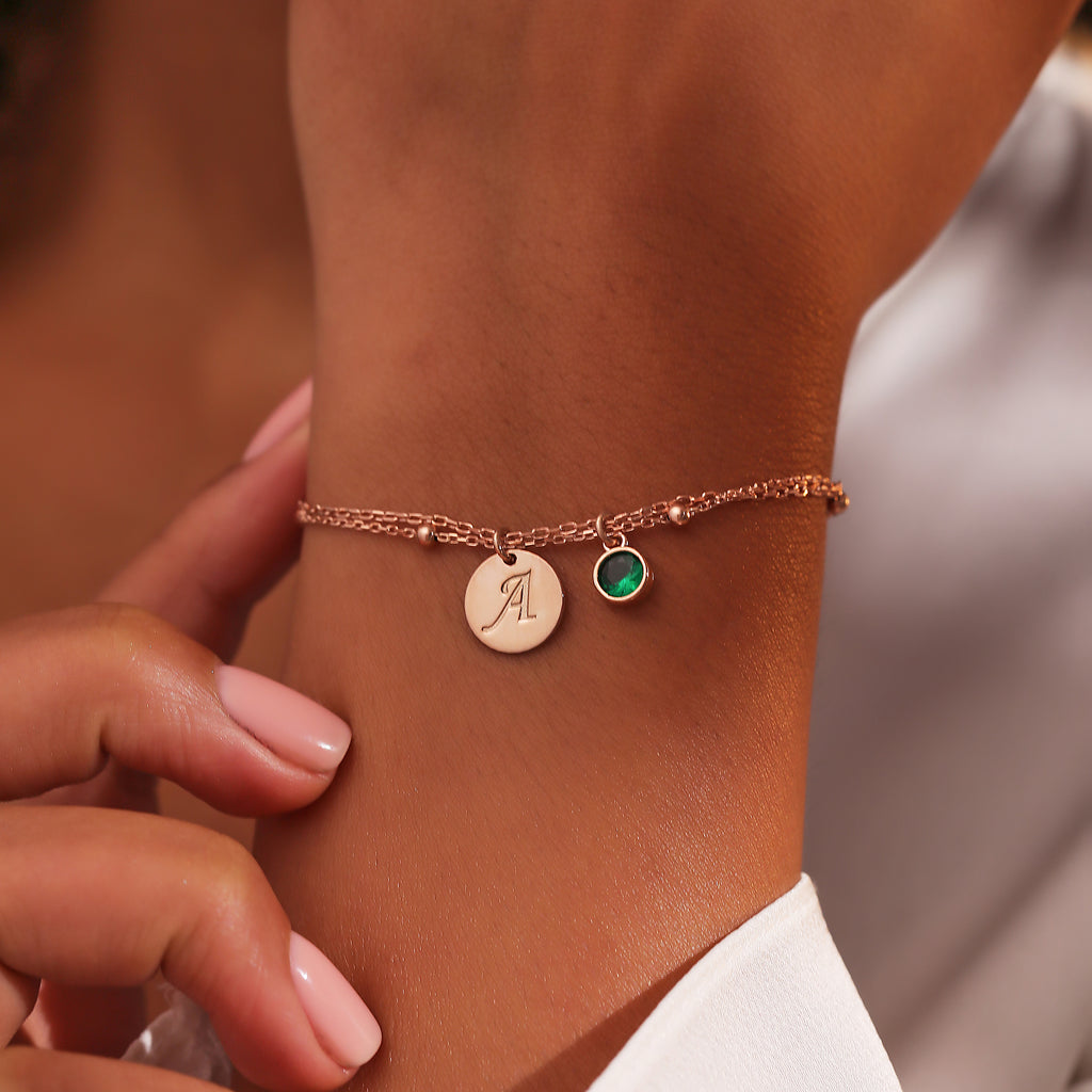 Custom birthstone bracelet with initials, made to order