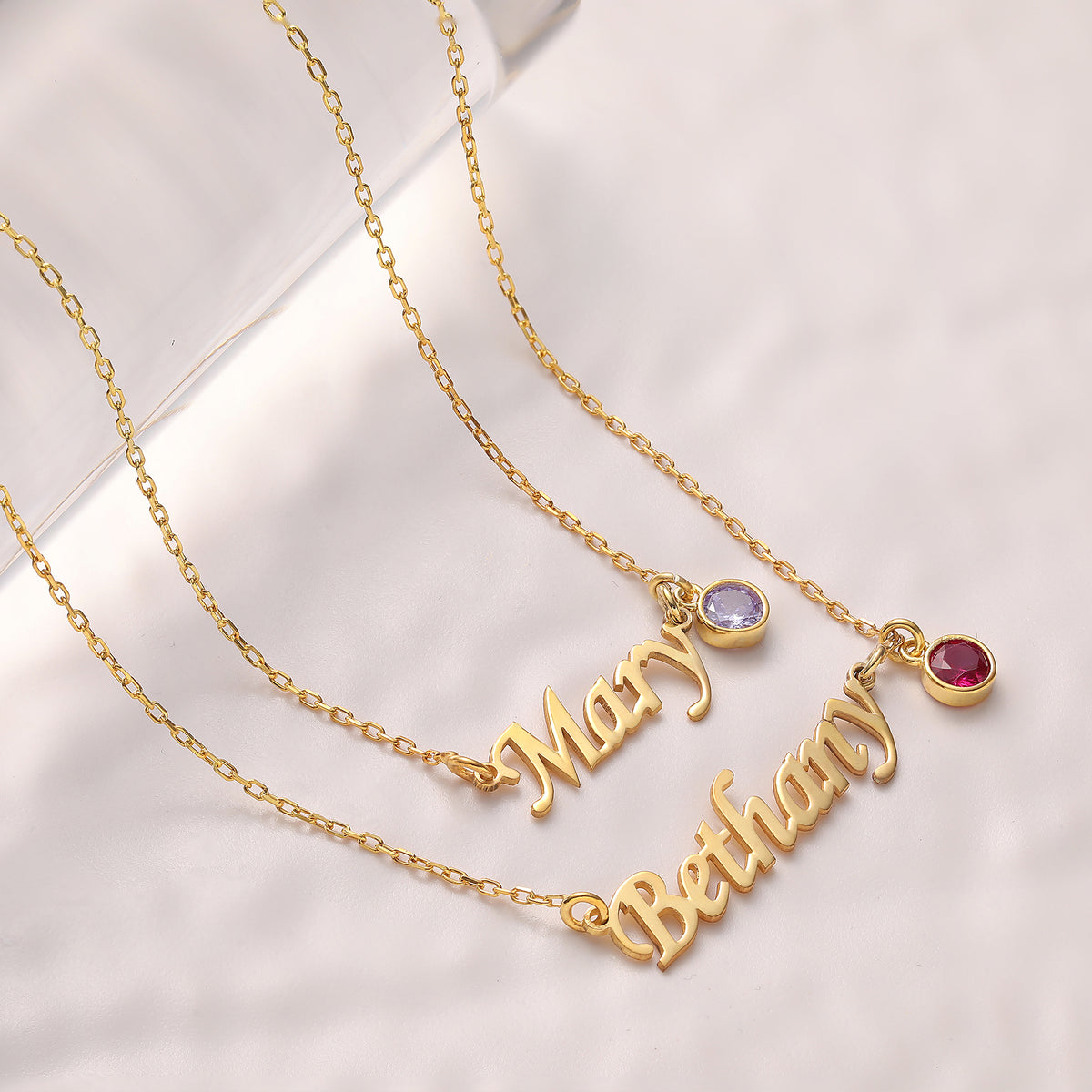 Script name necklace with birthstone, handmade by Artizian