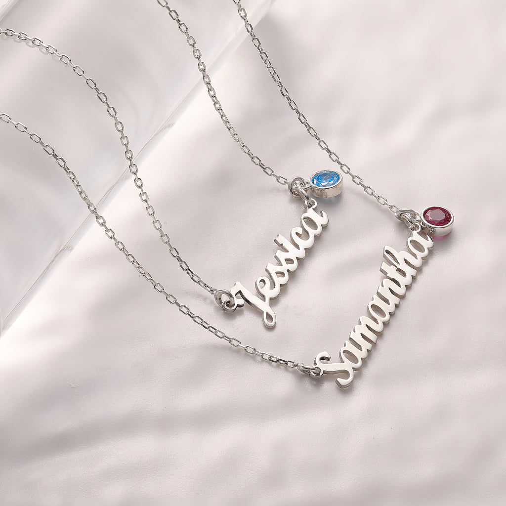 Script name necklace with birthstone, a personalized jewelry gift