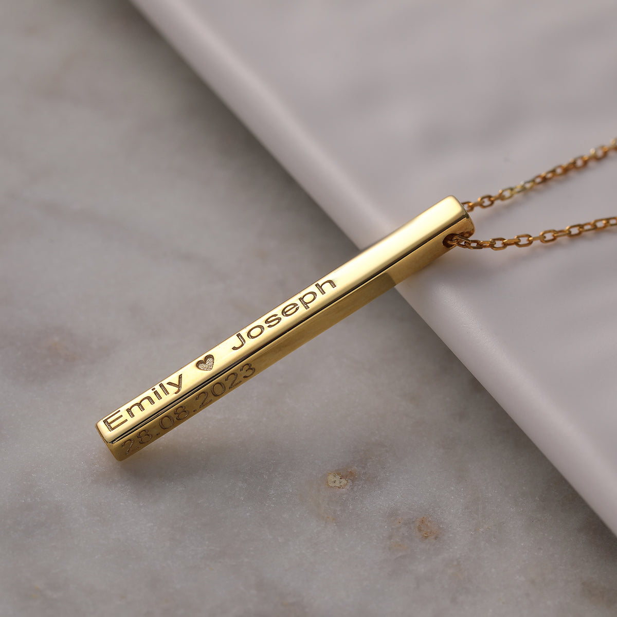 Personalized 4-sided engraved vertical bar necklace, made to order