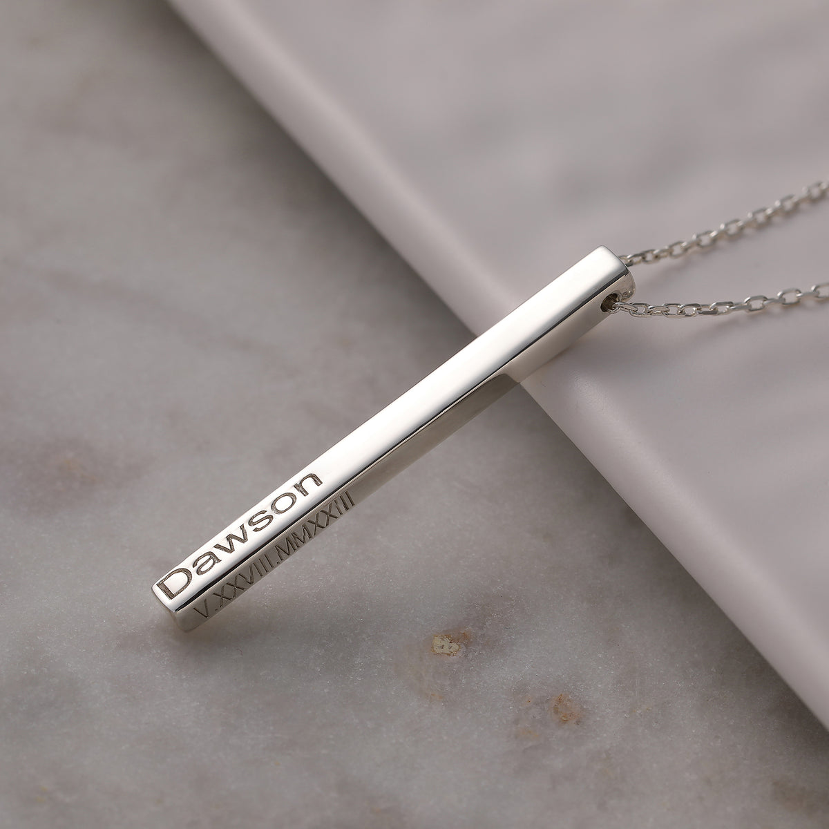 Personalized 4-sided engraved vertical bar necklace, crafted in the Artizian studio