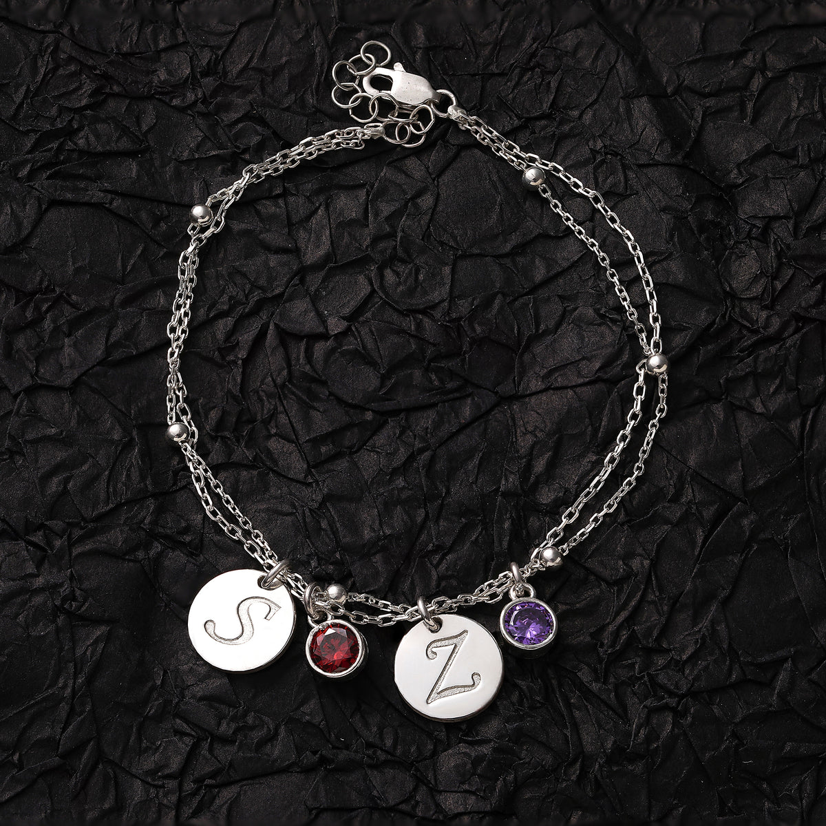 Custom birthstone bracelet with initials, handmade by Artizian